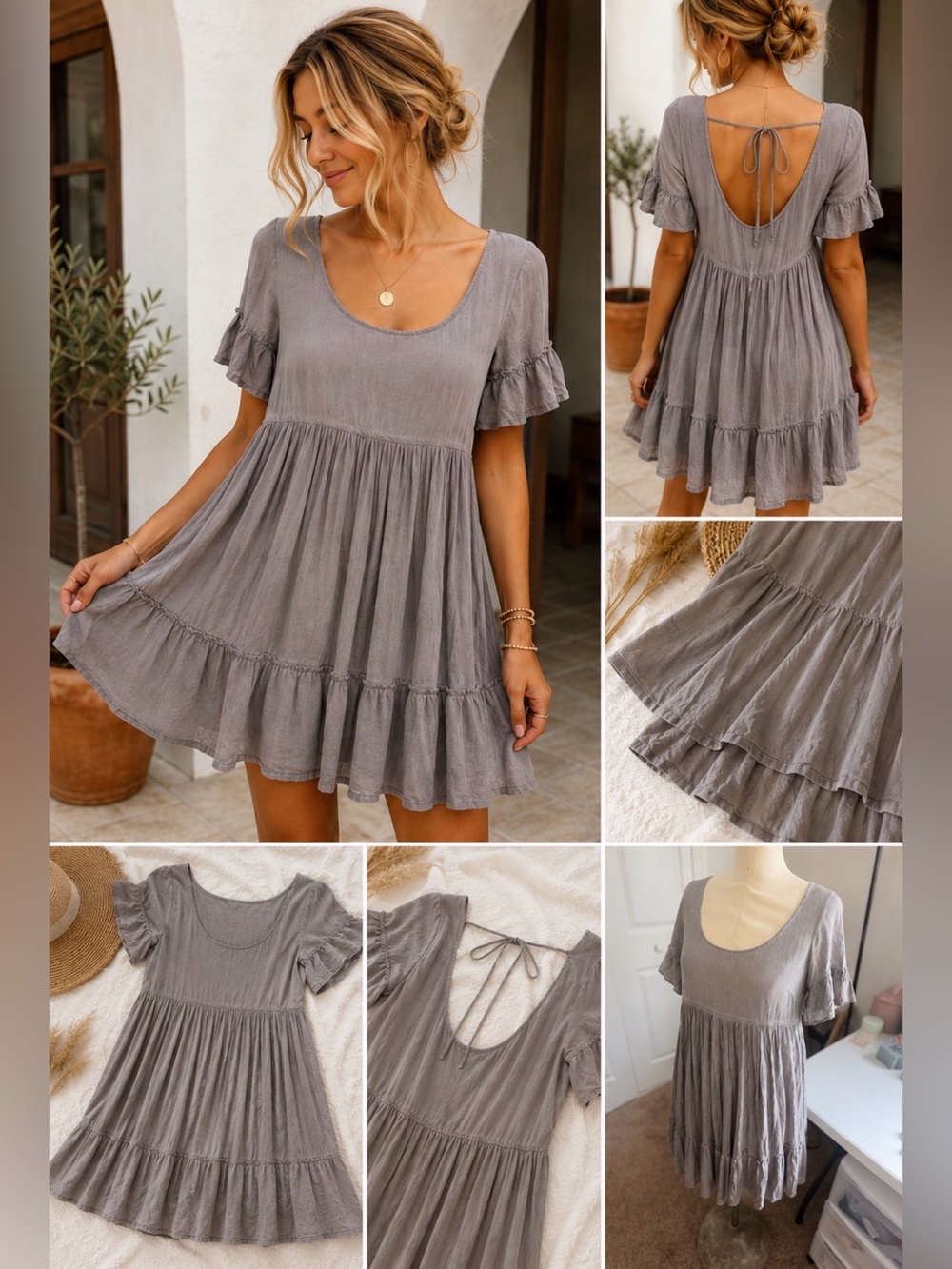 Entro Gray Babydoll Mini Dress S Boho Cottagecore Open Back Tie Flowy Ruffle